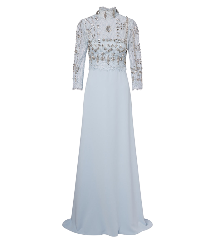 Robe longue en crêpe à empiècements en dentelle ornée Costarellos Brona