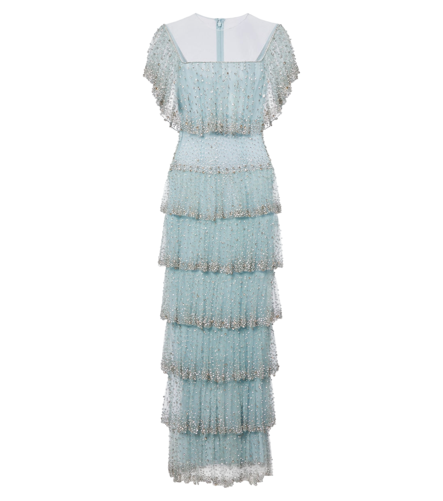 Vestido de tul con volantes y cristales de Costarellos