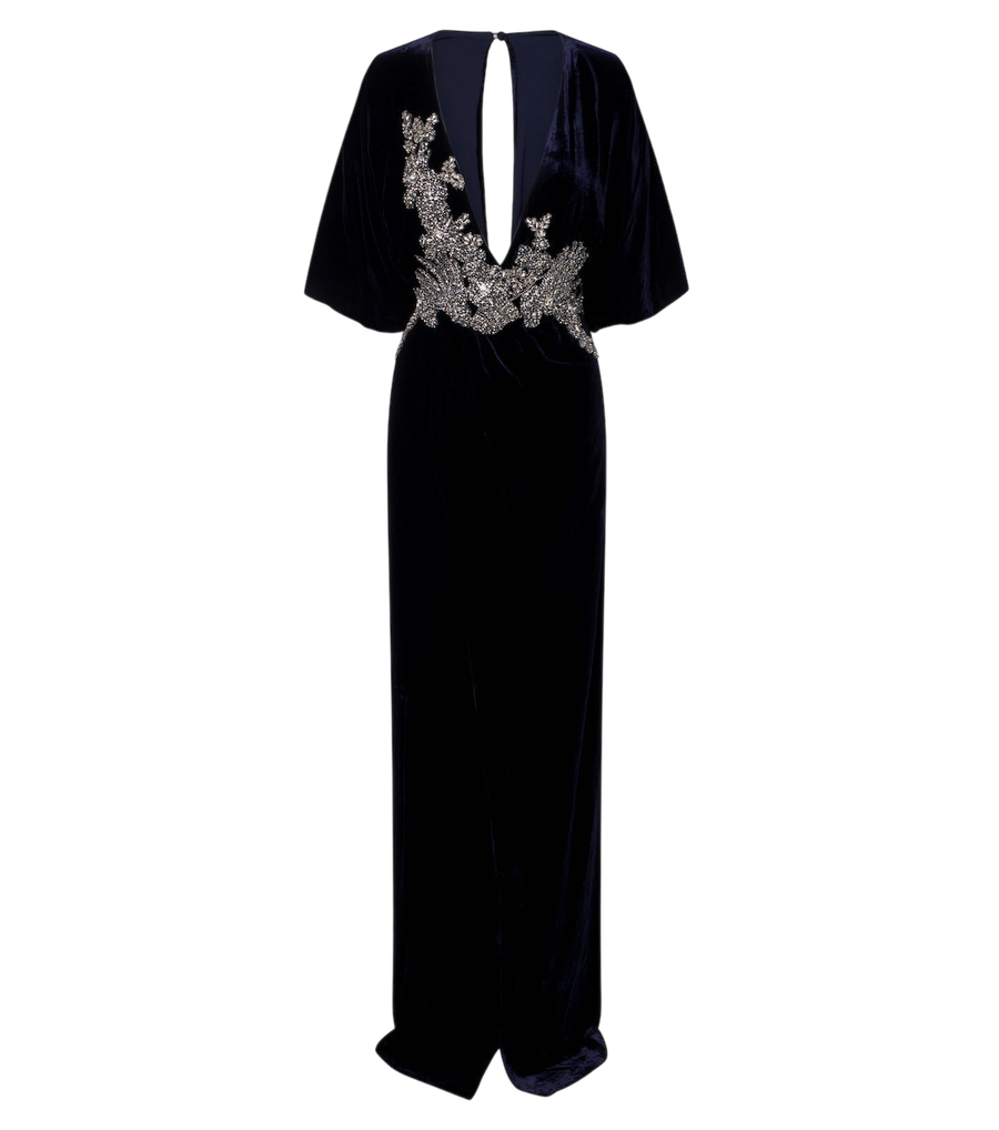 Vestido de terciopelo con adornos de cristal de Costarellos