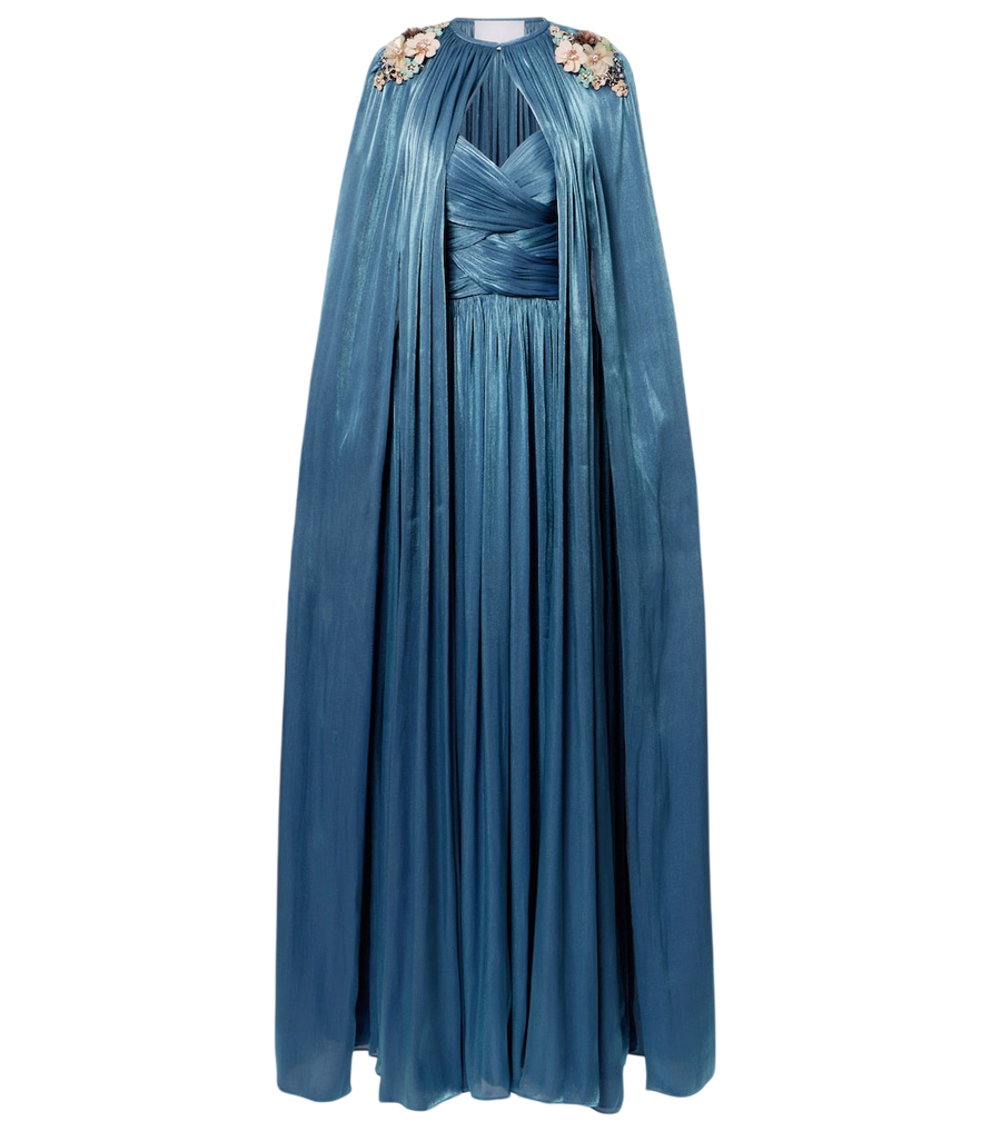 Costarellos Embellished pleated caped bustier gown