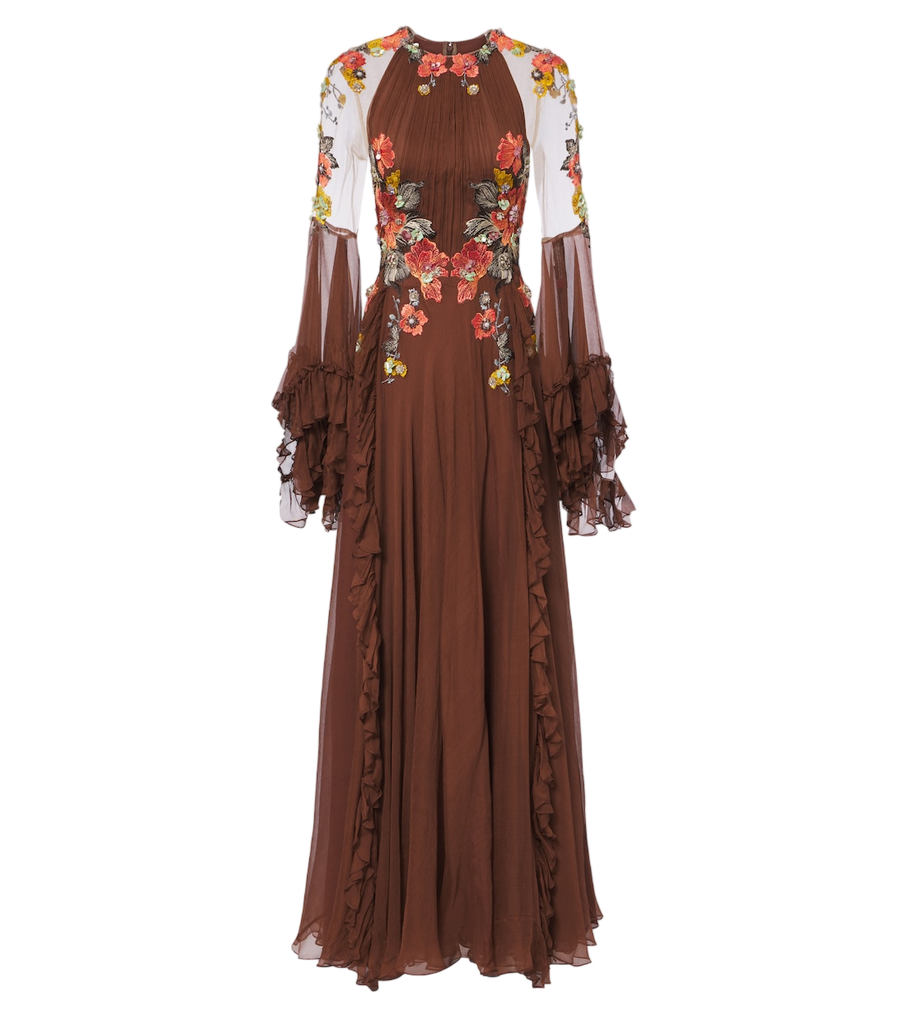 Vestido largo de seda con apliques florales bordados de Costarellos