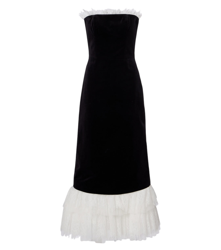 Costarellos Vestido midi Isabetta em veludo com acabamentos em renda
