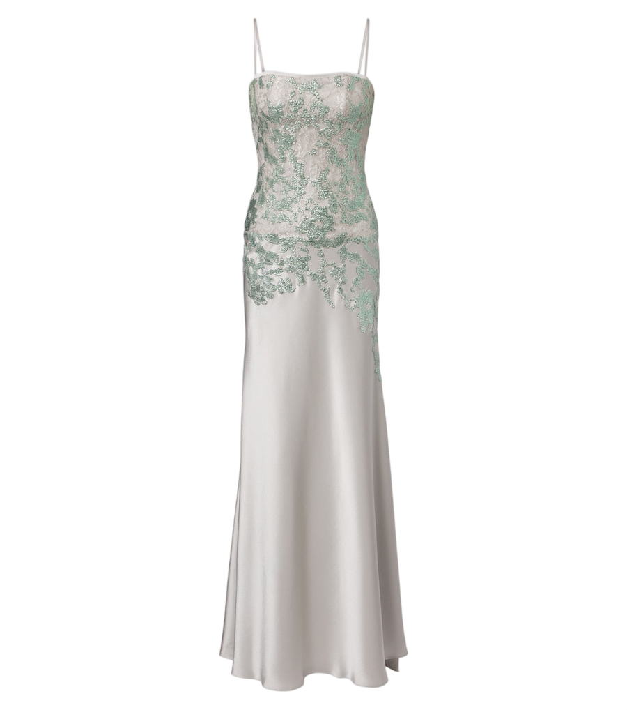 Robe longue Costarellos Jennan en dentelle à sequins et satin