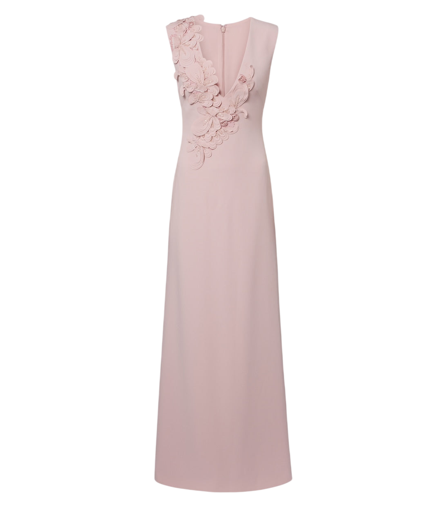 Vestido de crepé Costarellos Jevi con apliques florales adornados