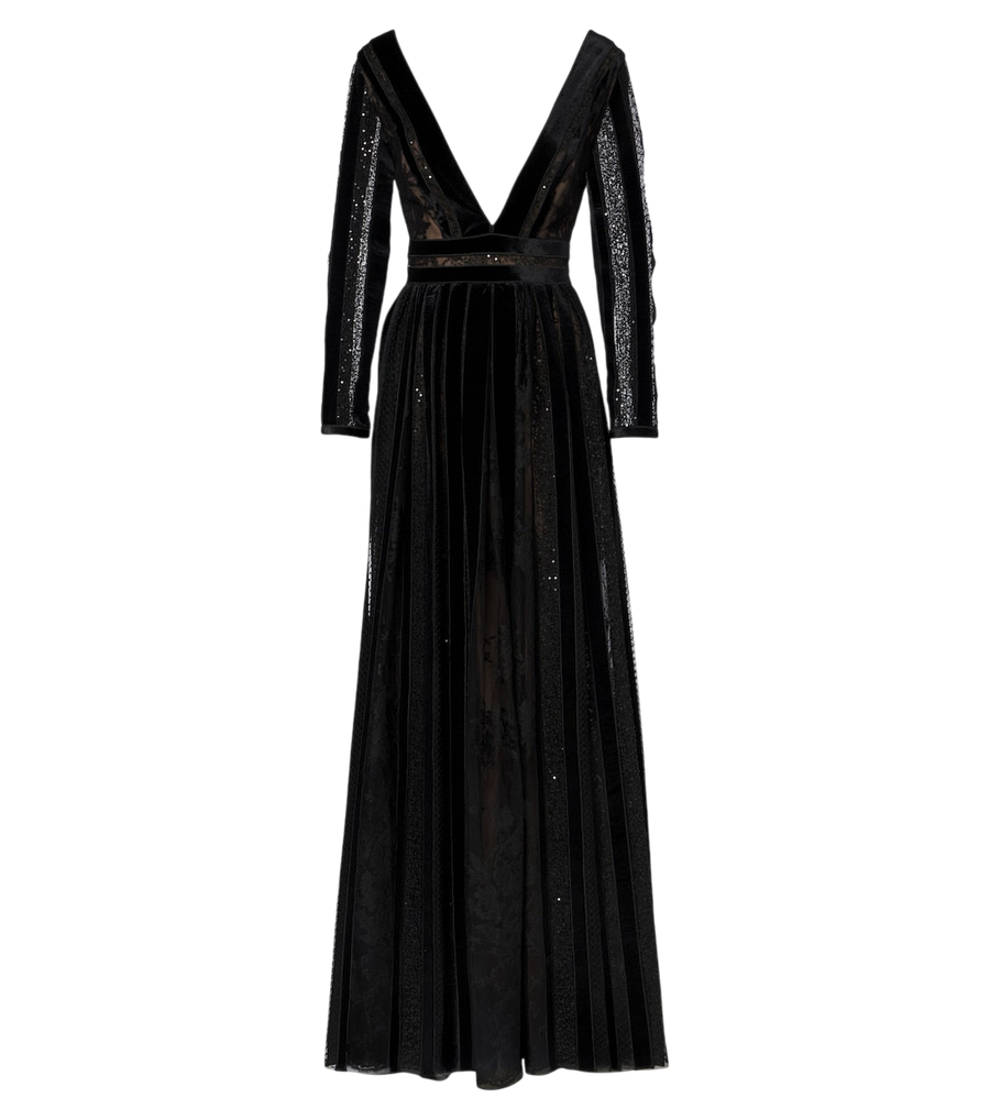 Vestido largo de encaje con lentejuelas y terciopelo Malena de Costarellos