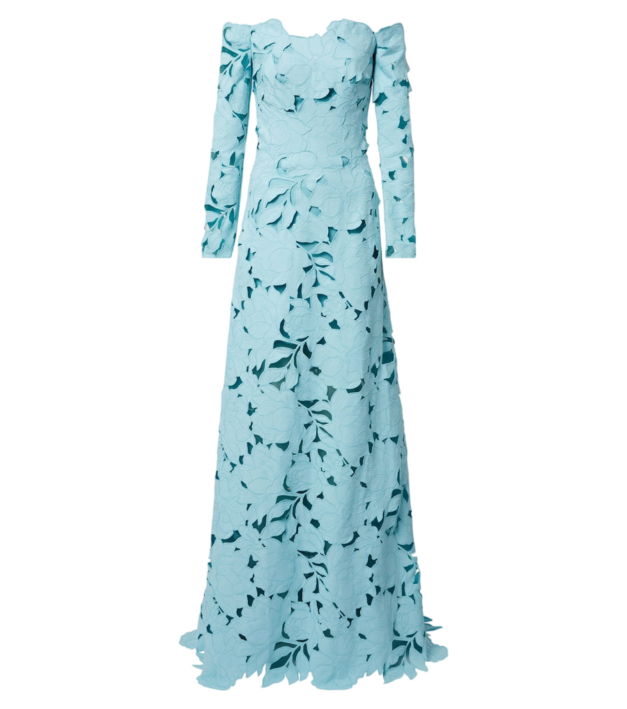 Vestido largo de encaje guipur floral con hombros descubiertos de Costarellos
