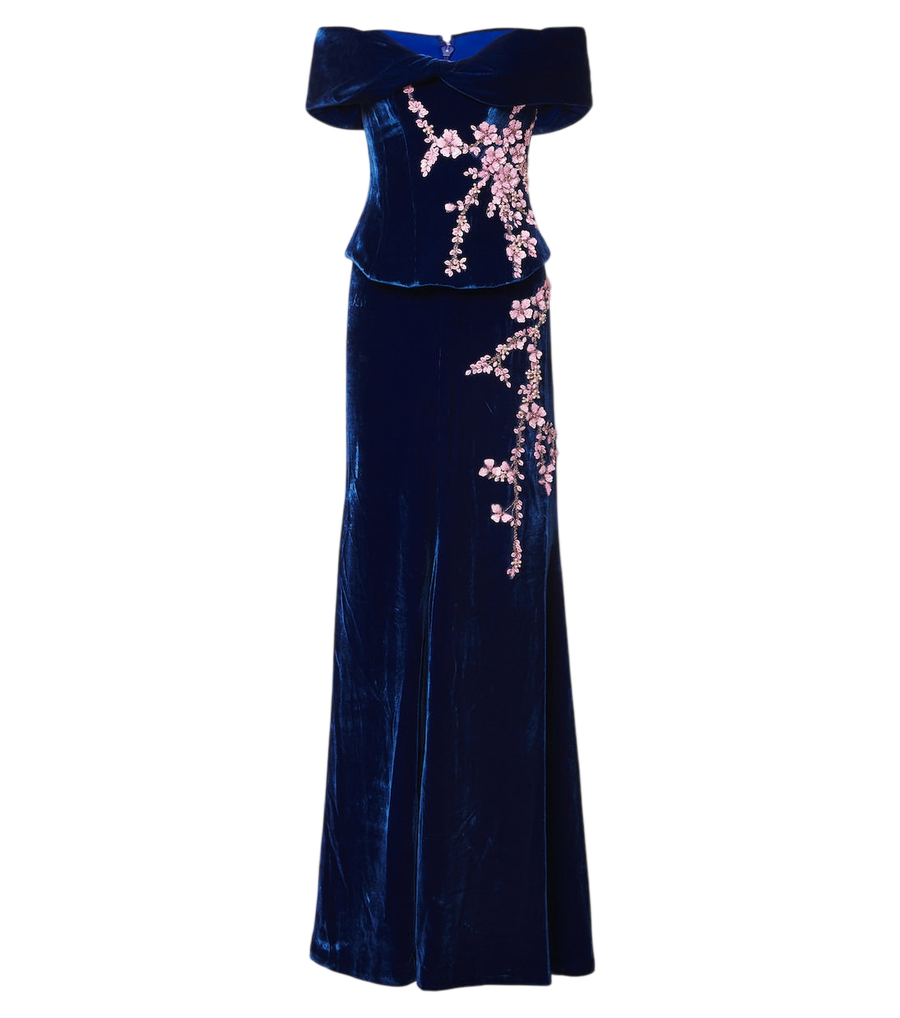 Costarellos Rielle embellished floral-appliqué velvet gown