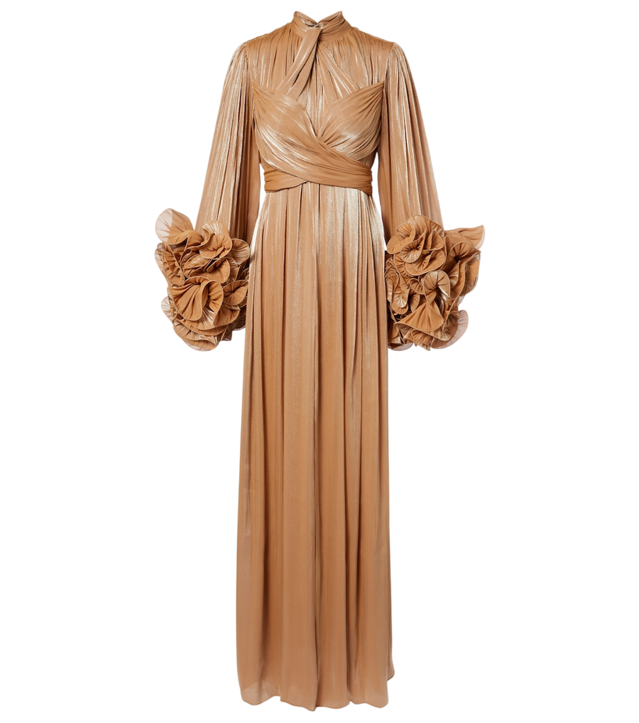 Vestido de gala Costarellos en georgette de lúrex con volantes