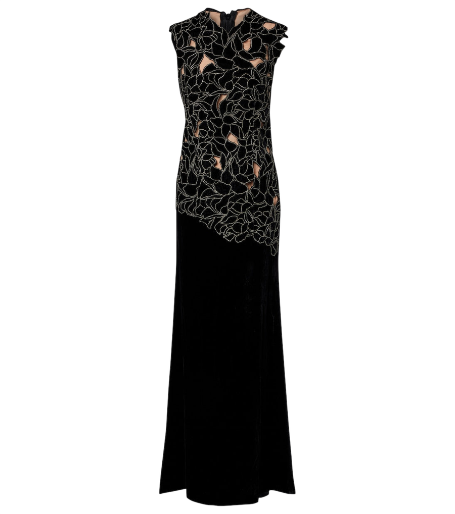 Costarellos Serisa embellished lace-trimmed velvet gown