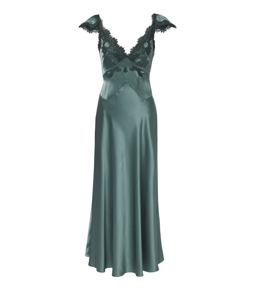 Vestido lencero de satén de seda con ribete de encaje Fiona de Dôen