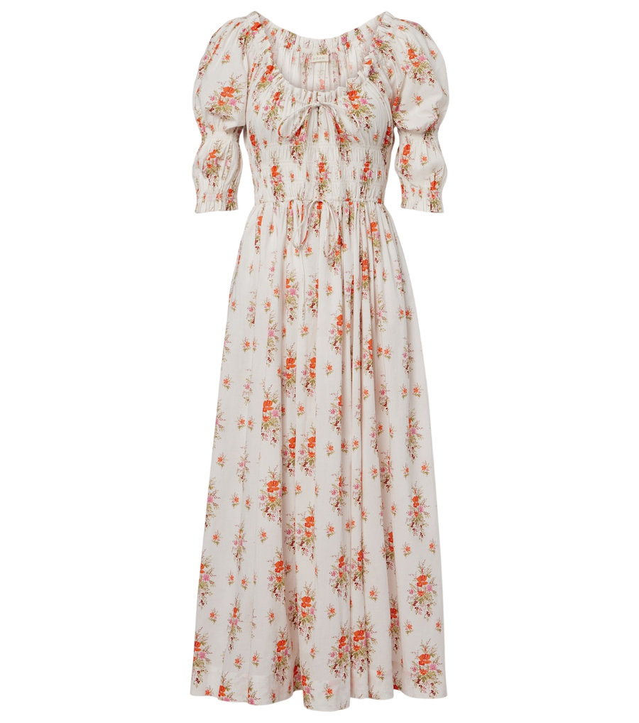 Dôen Vestido midi Ischia em algodão floral franzido