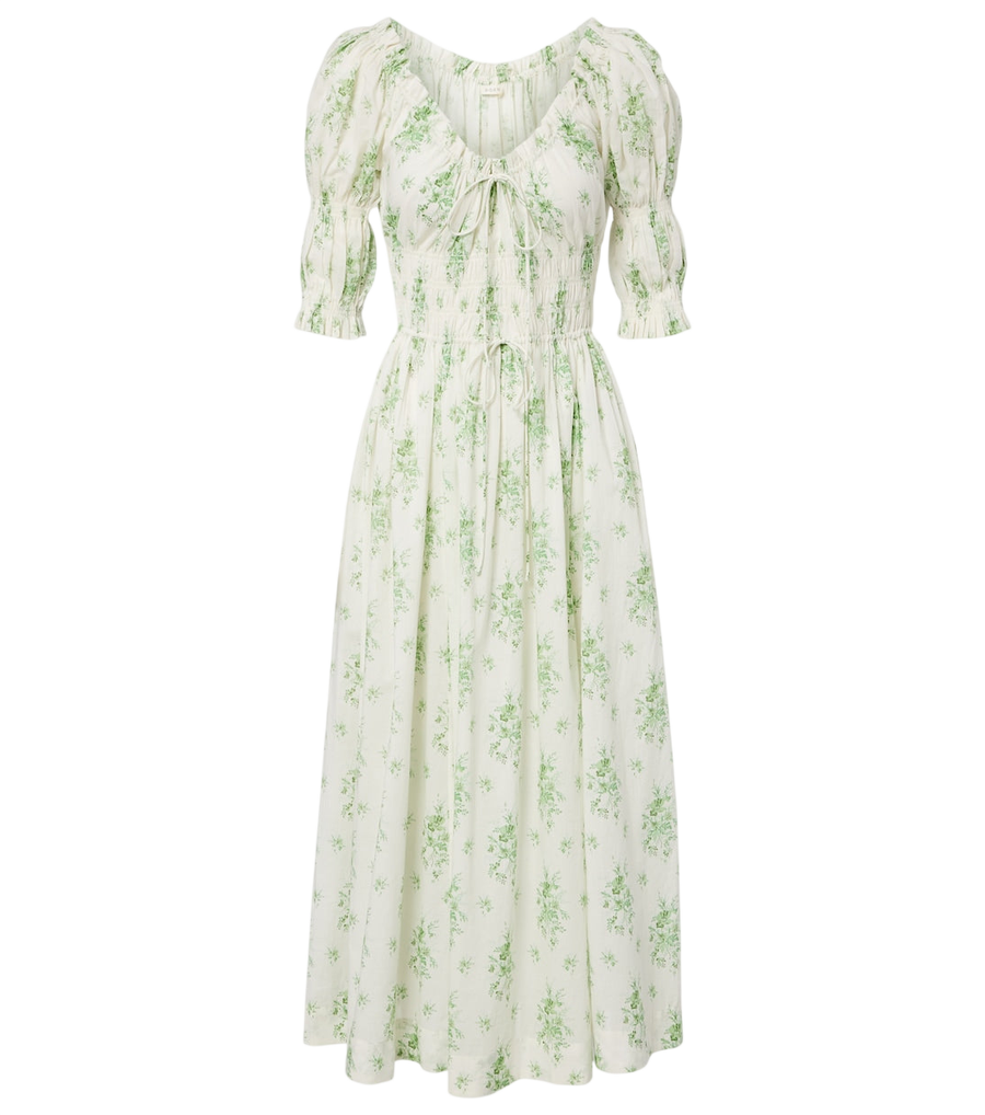 Vestido midi Dôen Ischia de algodón con estampado floral fruncido