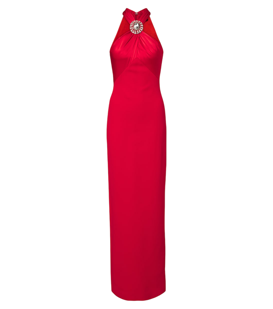 Vestido largo de satén con cuello halter y adornos de David Koma