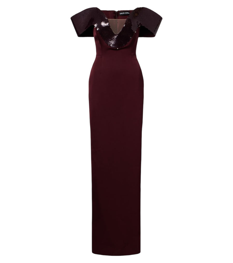 David Koma Sequined satin off-shoulder gown