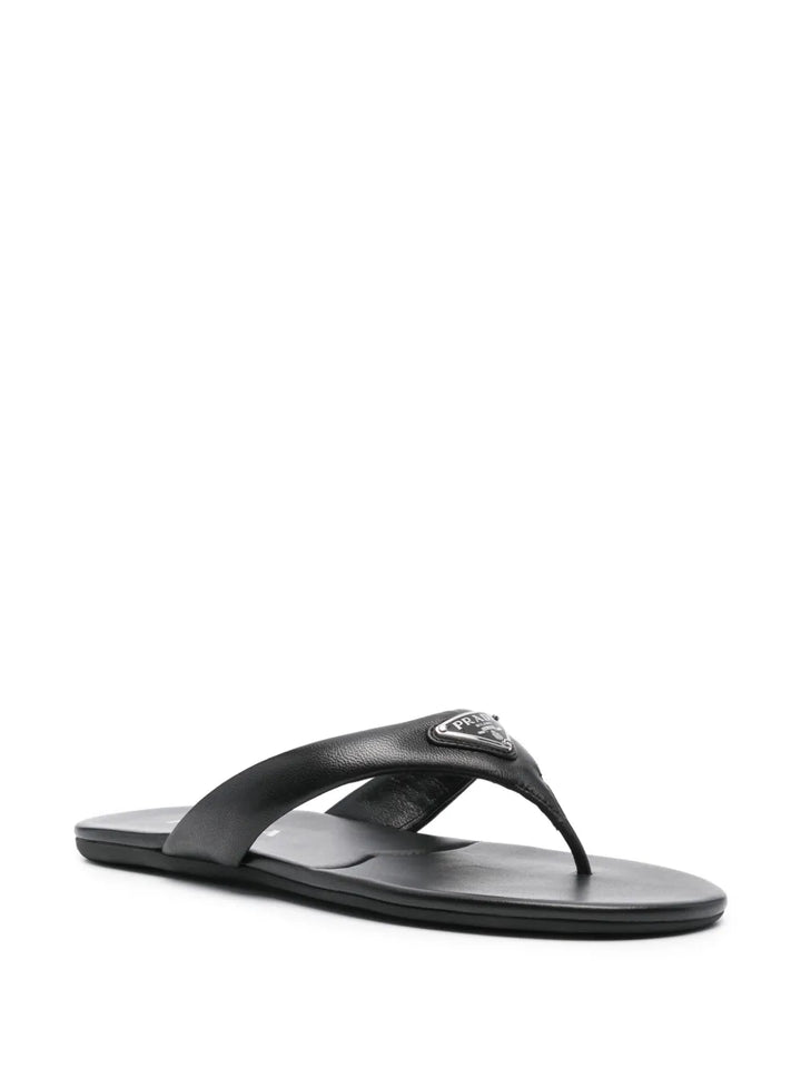 Prada Enamel-Triangle Leather Flip Flops