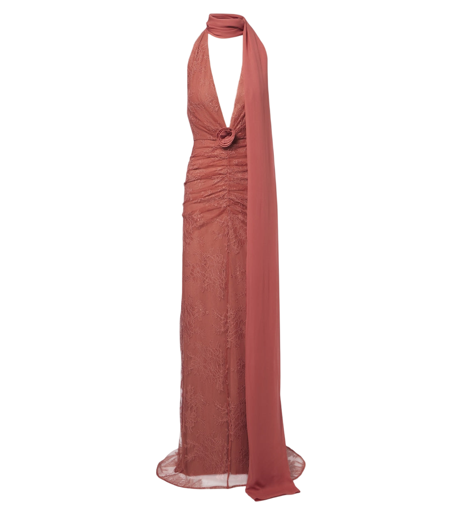 Vestido largo de encaje con detalle de pañuelo fruncido Amora de De La Vali