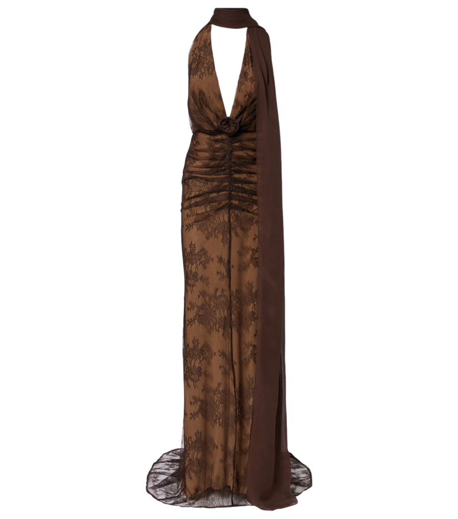 De La Vali Amora scarf-detail ruched lace maxi dress