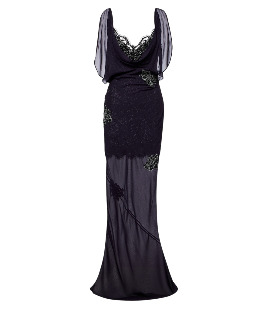 Robe longue en georgette à garnitures en dentelle vert émeraude De La Vali