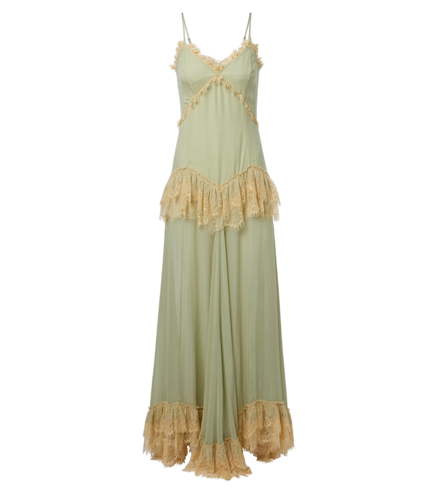 Vestido largo de georgette con ribete de encaje Estela de De La Vali