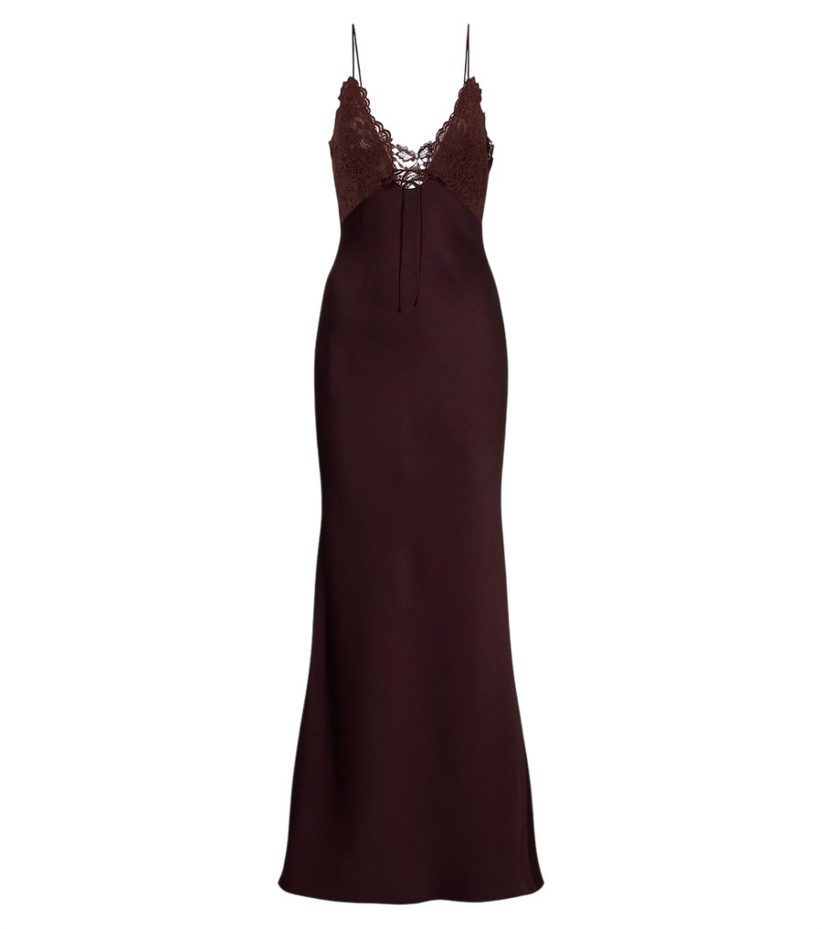 Robe longue en satin à garnitures en dentelle Maeve de De La Vali