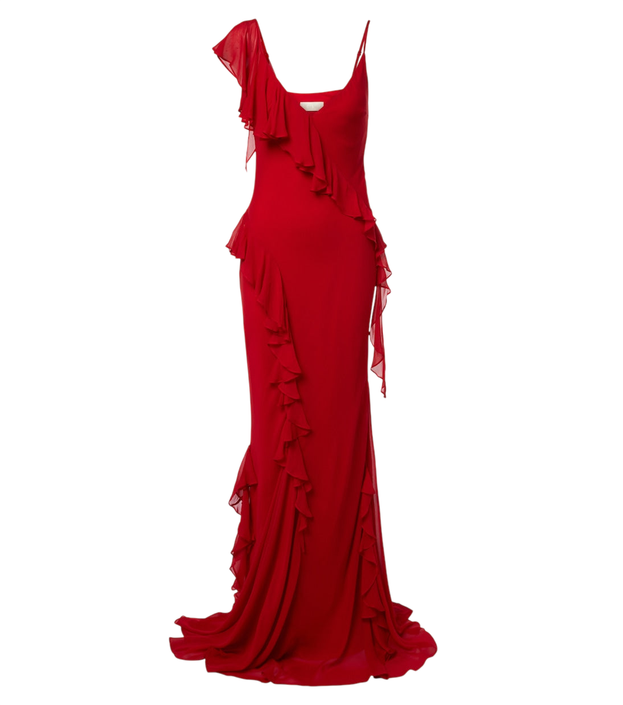 Vestido largo de georgette con volantes Mayara de De La Vali