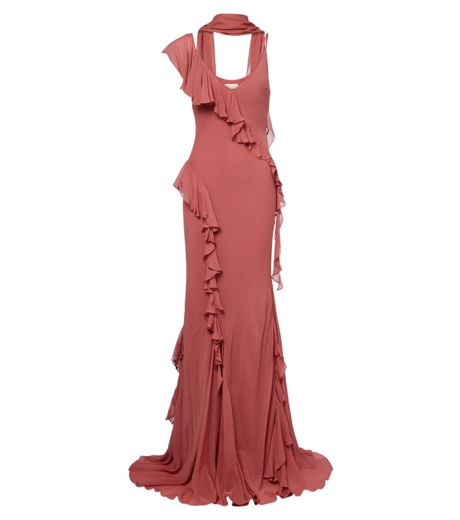 De La Vali Mayara ruffled scarf-detail georgette gown