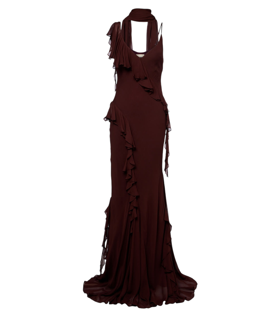 De La Vali Abito lungo Mayara in georgette con volant e foulard