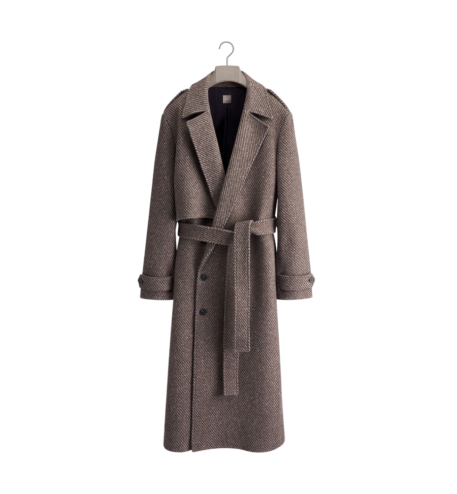 Dior Belted Coat — Brown Wool-Silk-Blend Basketweave