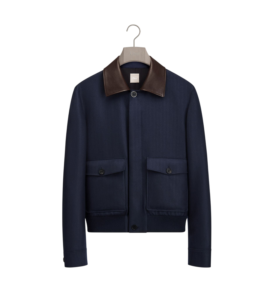 Dior Blouson Jacket with Leather Collar — Navy Blue Herringbone Cashmere