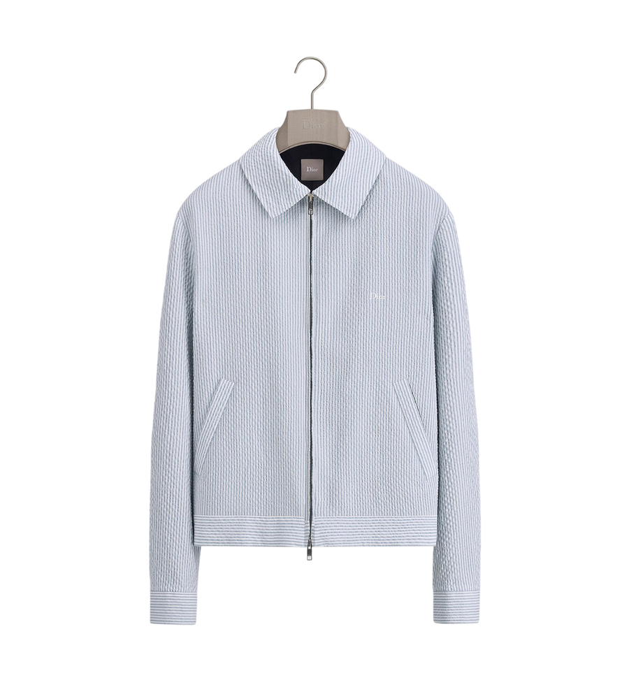Veste zippée Dior Dioriviera — Seersucker bleu clair à rayures en mélange de laine vierge, soie et lin