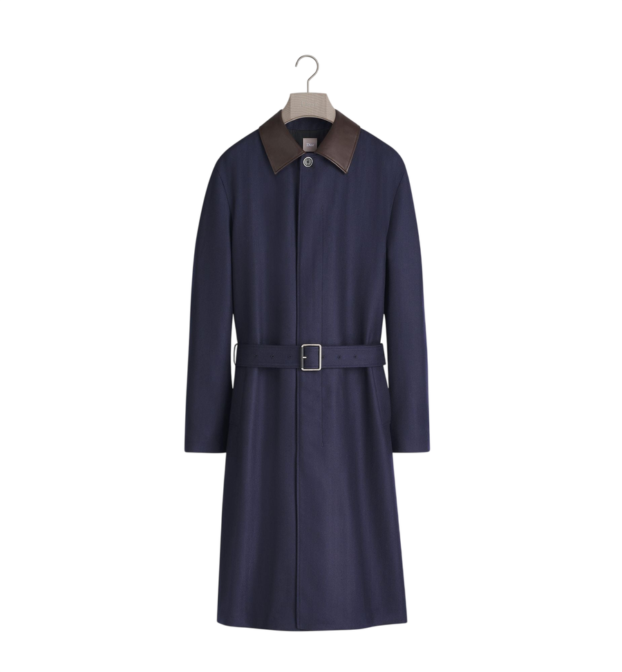 Dior Icons Coat with Leather Collar — Navy Blue Cashmere