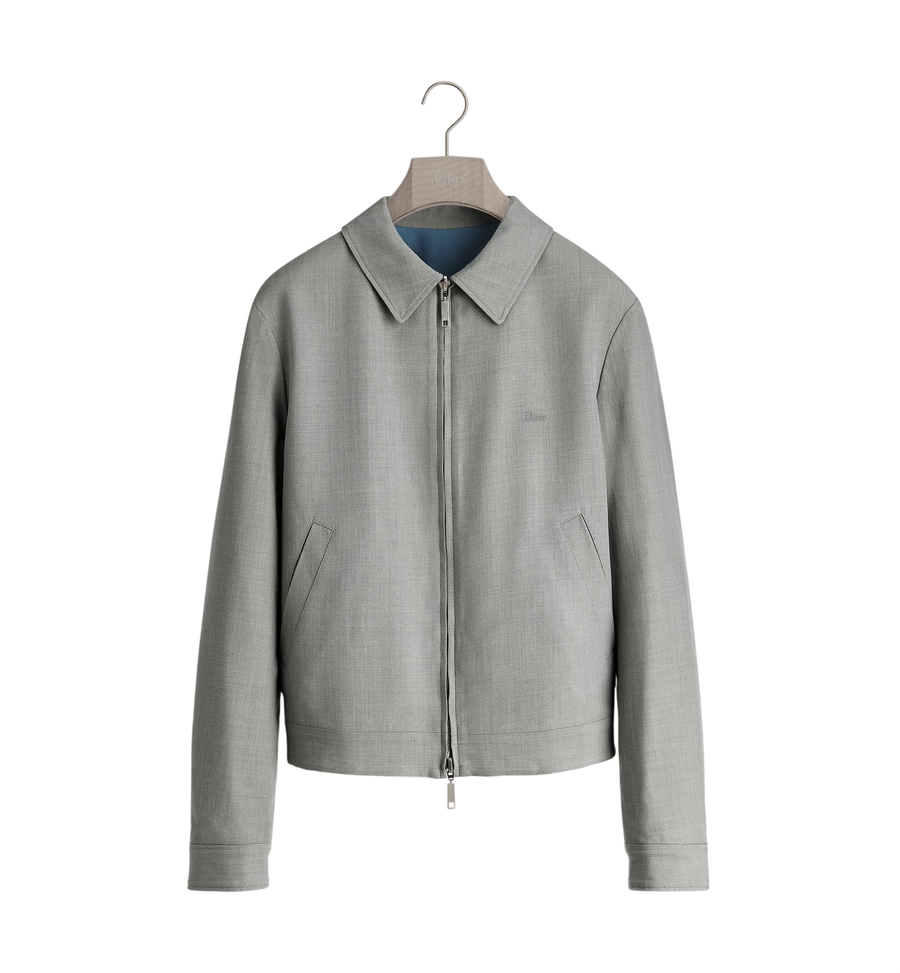 Dior Reversible Zipped Jacket with Book Cover Embroidery — Gray Virgin Wool Twill Blend