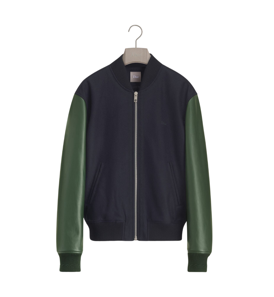 Dior Varsity Jacket — Navy Blue Virgin Wool and Green Calfskin