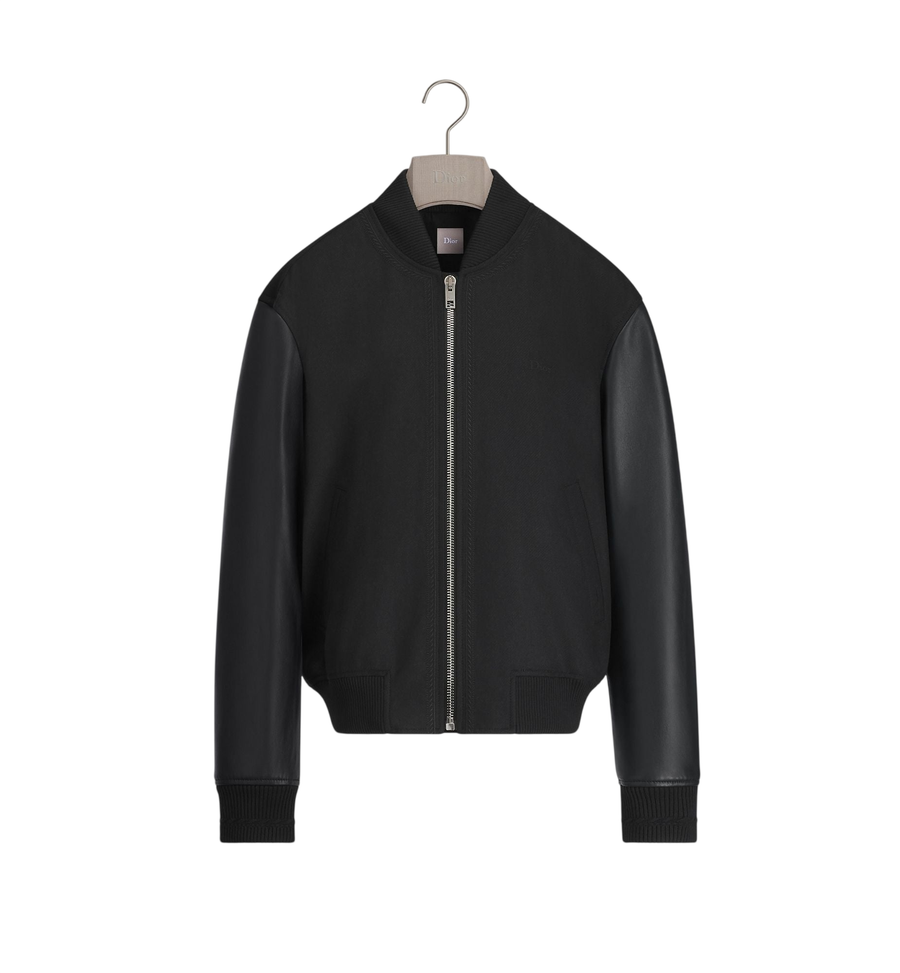 Veste universitaire Dior avec broderie Dior Moulures — sergé de laine vierge et cuir d’agneau noirs