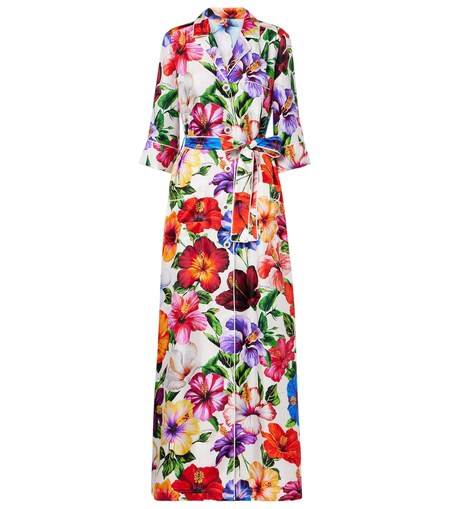 Maxivestido de seda satinada con cinturón y estampado floral de Dolce&Gabbana