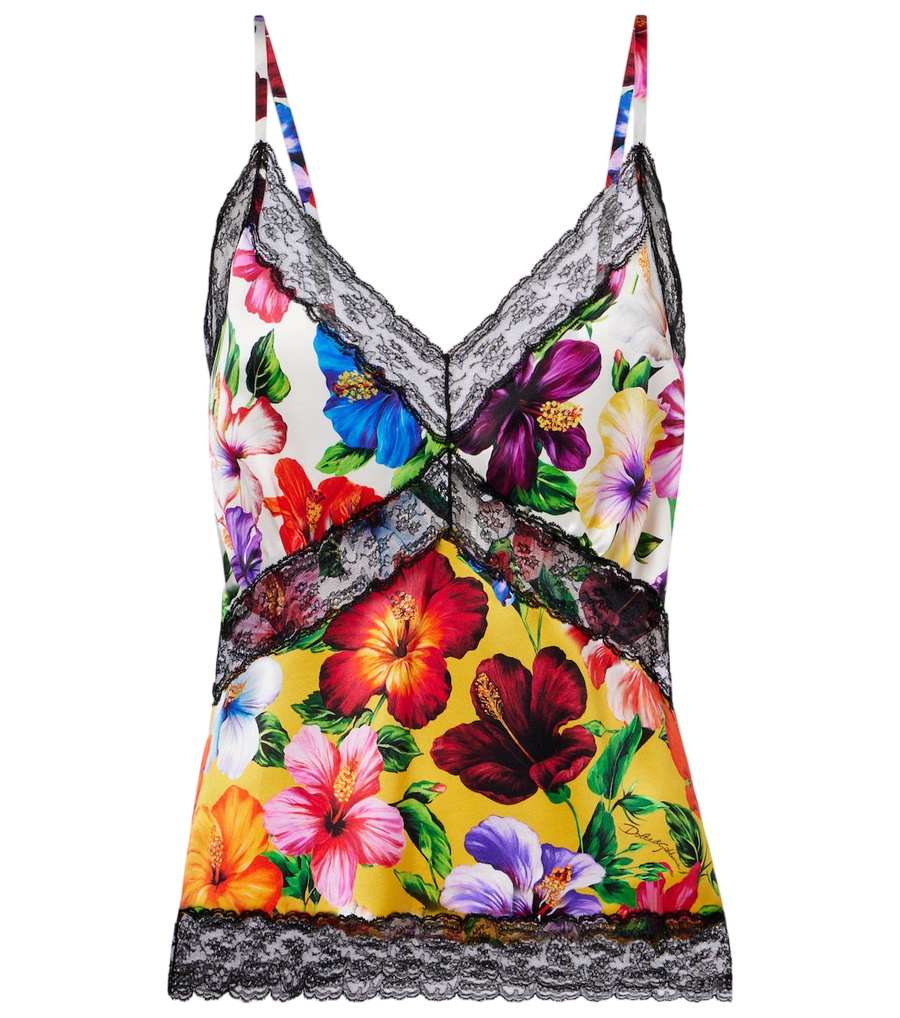Camisola de mezcla de seda con ribete de encaje floral de Dolce&Gabbana