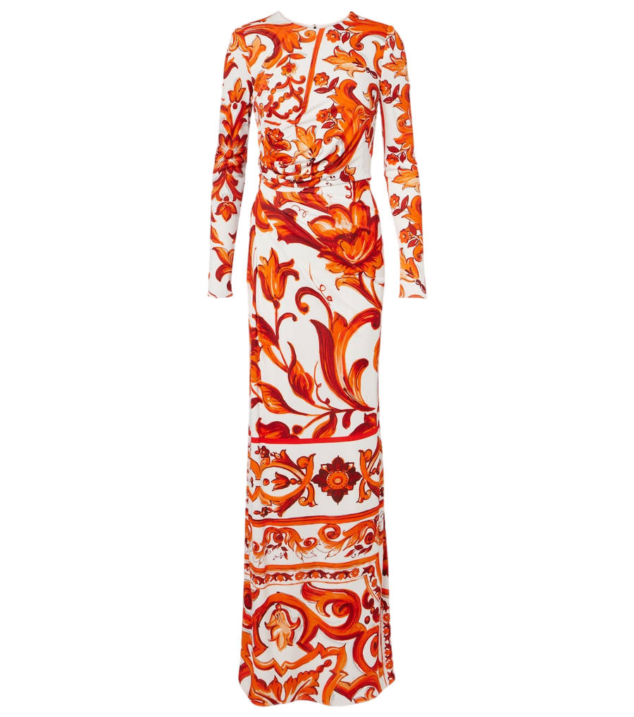 Vestido largo de organza con estampado Majolica de Dolce&Gabbana