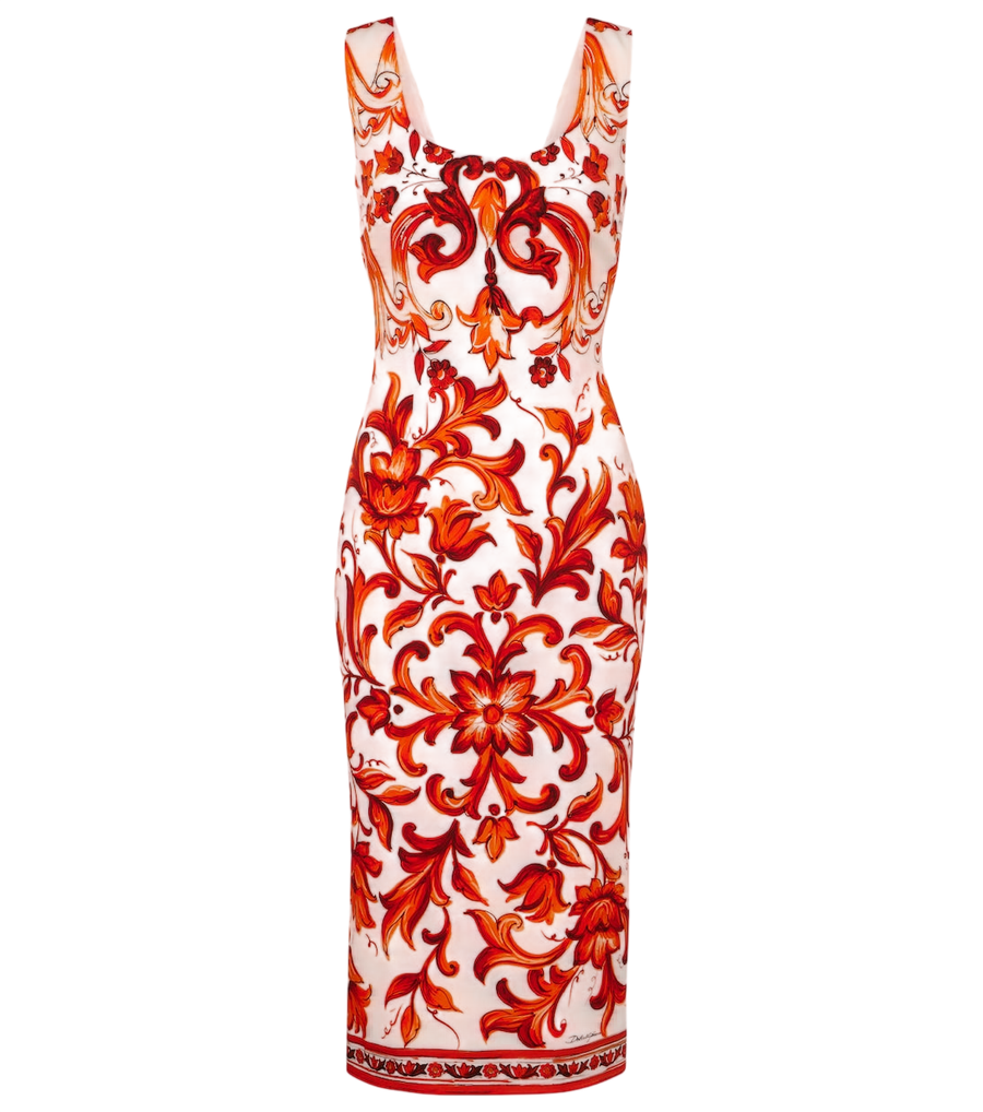 Vestido midi de charmeuse de mezcla de seda con estampado Majolica de Dolce&Gabbana