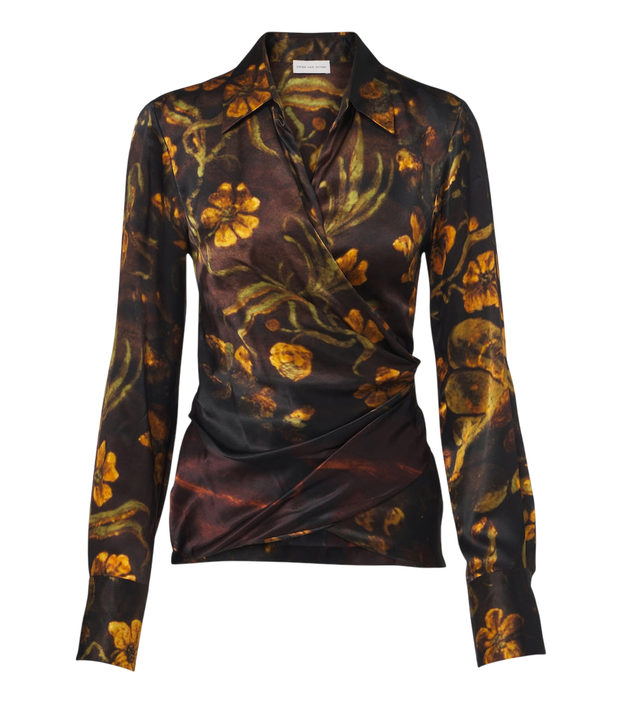 Dries Van Noten Draped floral silk satin wrap top