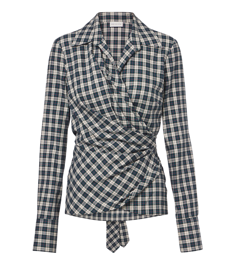 Chemise en flanelle de coton à carreaux drapée Dries Van Noten