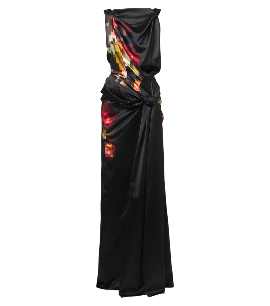 Robe longue drapée en satin de soie imprimé Dries Van Noten