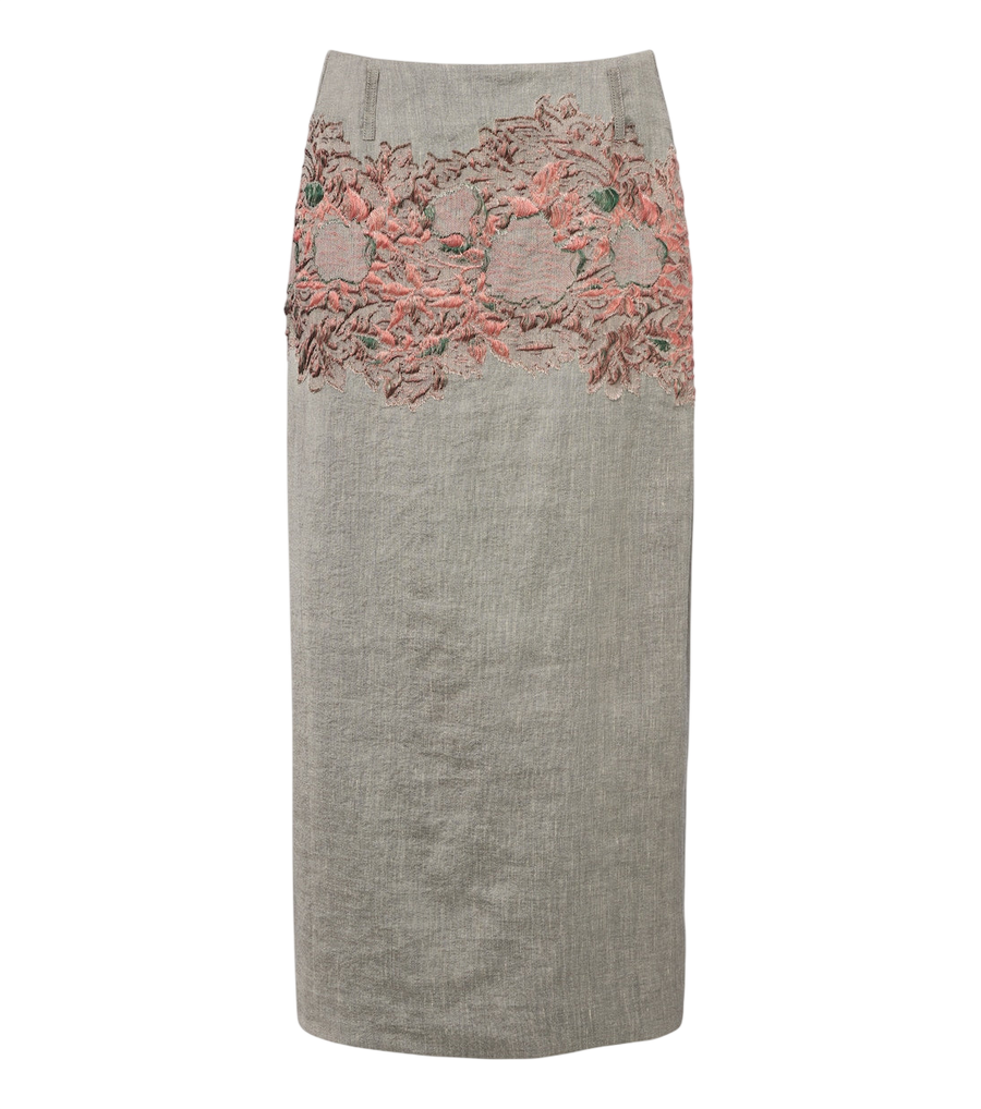 Dries Van Noten Gonna midi ricamata in misto lino e cotone