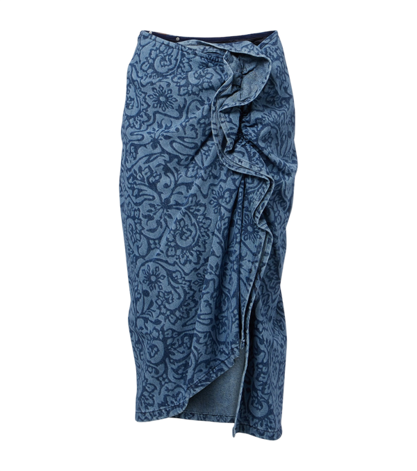 Dries Van Noten Floral ruffled denim midi skirt