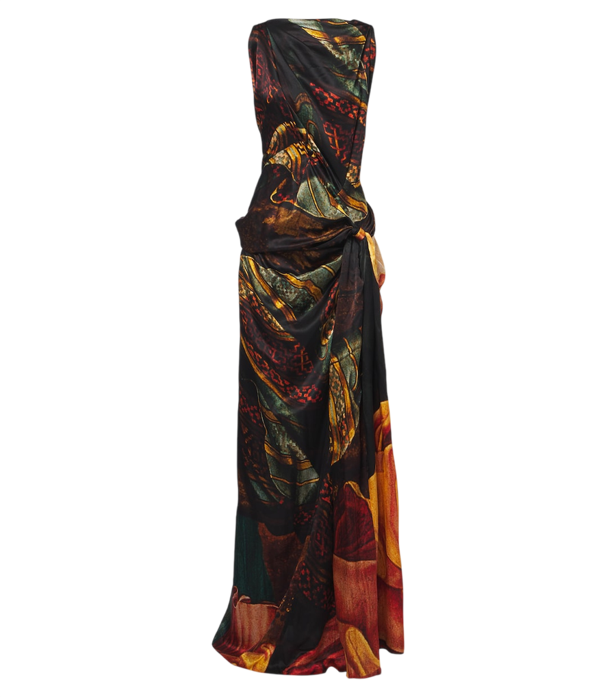 Dries Van Noten Printed draped silk satin gown