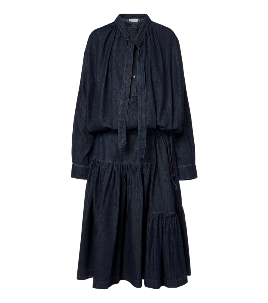 Robe midi en jean à col lavallière Dries Van Noten