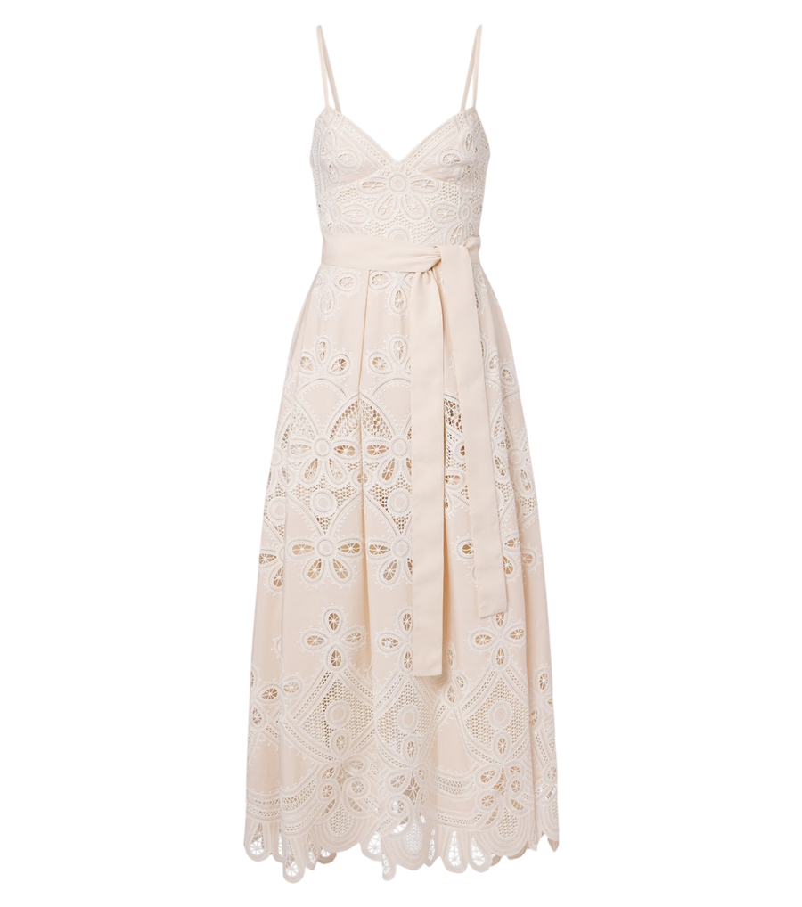 Vestido midi fruncido y bordado con cinturón de Elie Saab