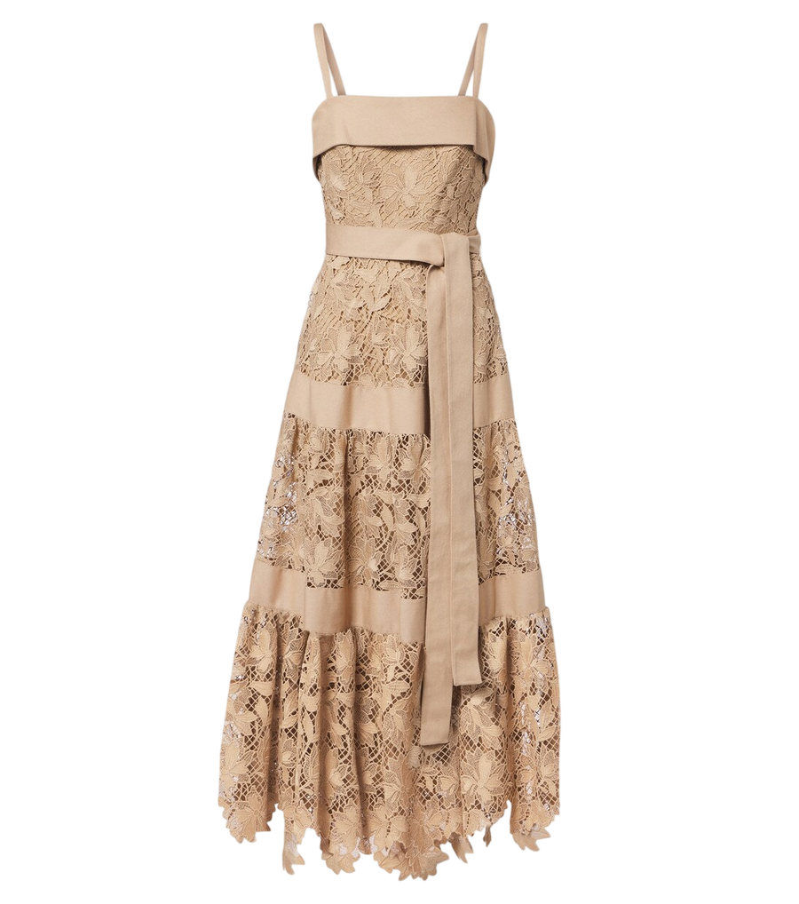 Elie Saab Belted tiered guipure lace maxi dress