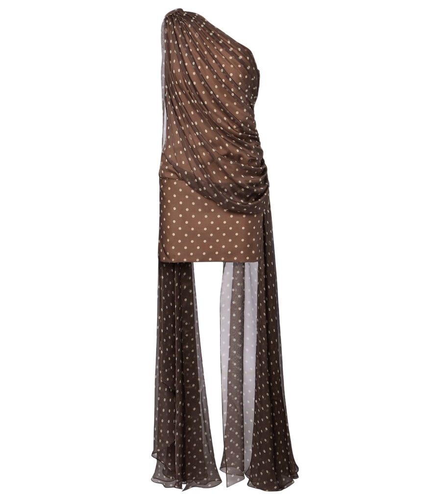 Mini-robe à pois en mélange de soie, à une épaule et à cape, Elie Saab