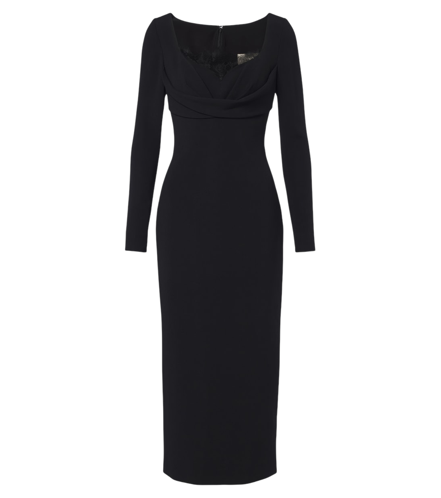 Robe midi en cady drapée à garnitures en dentelle Elie Saab