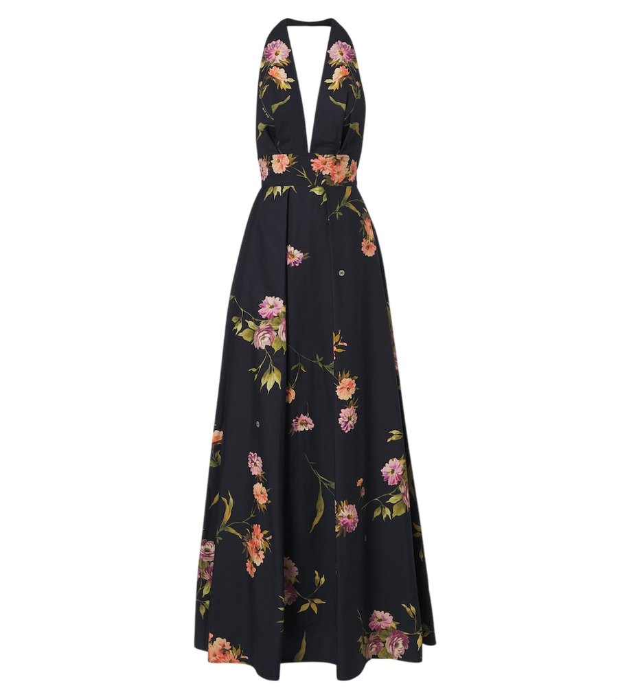 Robe longue en popeline de coton plissée à motif floral Elie Saab